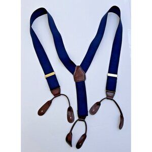 Vintage CAS W. Germany Navy Blue Brown Leather Suspenders Goldtone Stretchy